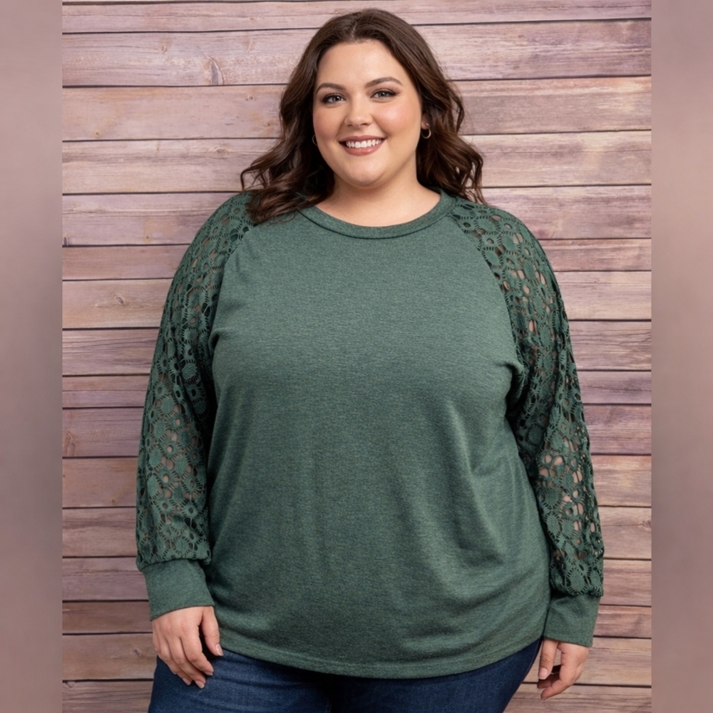 Lace Sleeve Raglan Top - Forest Green Size 2xl NWTs